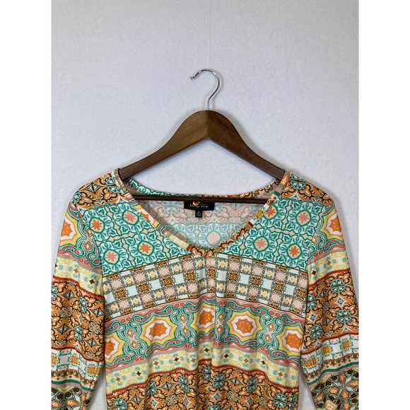 Melissa Paige Womens Mosaic Geometric Tile Print V-Neck 3/4 Sleeve Top Orange M - Picture 5 of 9